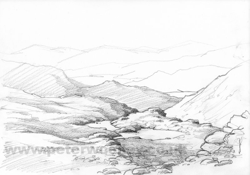 Derwentwater,from Seathwaite Fell - pencil drawing by Peter Woolley